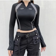 Deef Wear Y2K Harajuku Fermuar Detay Uzun Kol Crop Top