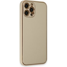 Andeka iPhone 12 Pro Max Uyumlu Kılıf Deri Görünümlü Kamera Korumalı Kapak - Gold