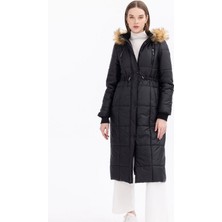 Scl Kapüşonlu Beli Büzgülü Siyah Kadın Kaban 2321601016