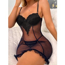 My Cherie Dantel ve Transparan Puantiye Tül Detaylı Askılı Mini Gecelik Külot Takım