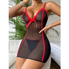 My Cherie Kırmızı Biye Dantel Detaylı Siyah Mini Gecelik