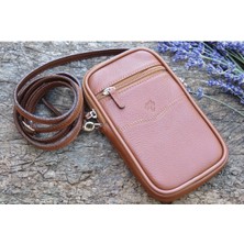 Erkek Kemer ve Omuz Askılı Telefon Çantası Hakiki Dana Derisinden Taba Renk