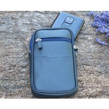 Erkek Kemer ve Omuz Askılı Telefon Çantası Hakiki Dana Derisinden Lacivert