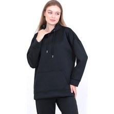 Lamirella Kadın Siyah Scuba Kapüşonlu Sweatshirt Oversize