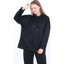 Lamirella Kadın Siyah Scuba Kapüşonlu Sweatshirt Oversize