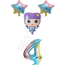 Best Parti Mor Renk Kız Bebek Gökkuşağı Rakam ve Yıldız Folyo Balon Seti Yaş 4