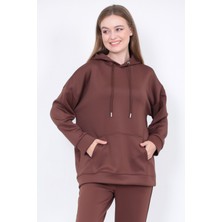 Lamirella Kadın Kahve Scuba Kapüşonlu Sweatshirt Oversize