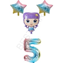 Best Parti Mor Renk Kız Bebek Gökkuşağı Rakam ve Yıldız Folyo Balon Seti Yaş 5