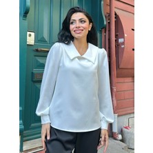 Küçüğüm Butik Uzun Kollu Yakalı Beyaz Krep Bluz
