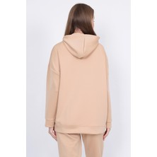 Lamirella Kadın Bej Scuba Kapüşonlu Sweatshirt Oversize