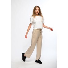 Bej Kadın Bol Paça Eşofman Altı Wide Leg Pantolon - Genas