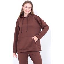 Lamirella Kadın Kahve Scuba Kapüşonlu Sweatshirt Oversize