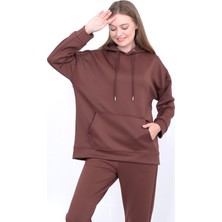 Lamirella Kadın Kahve Scuba Kapüşonlu Sweatshirt Oversize