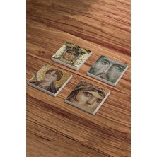 Çingene Kızı Mozaiği, Zeugma Mozaiği Doğal Taş Traverten Bardak Altlığı 4 Lü Set