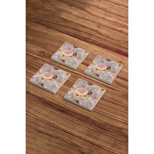 Pembe Gül Buketi Temalı Doğal Taş Traverten Bardak Altlığı 4 Lü Set