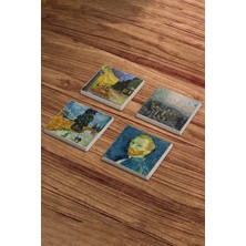 Vincent Van Gogh Tabloları Doğal Taş Traverten Bardak Altlığı 4 Lü Set