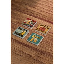 Vintage Drink Temalı Doğal Taş Traverten Bardak Altlığı 4 Lü Set