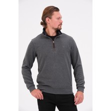 Msw Gri Fermuarlı Regular Fit Süet Detaylı Uzun Kollu Erkek Selanik Sweatshirt