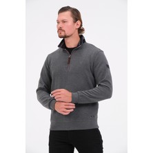 Msw Gri Fermuarlı Regular Fit Süet Detaylı Uzun Kollu Erkek Selanik Sweatshirt