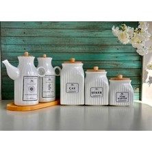 Kitchen Pembelia 6 Parça Bambu Standlı Porselen 1000ML Yağdanlık ve 3'lu Çay Şeker Türk Kahve Kavanoz Seti Yağlık Set