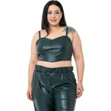 Disentis Modest Büyük Beden Ayarlanabilir Ince Askılı Crop Deri Haki Büstiyer