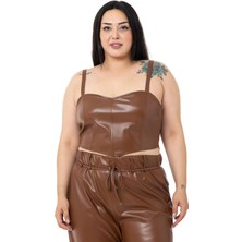 Disentis Modest Büyük Beden Ayarlanabilir Ince Askılı Crop Deri Kahverengi Büstiyer