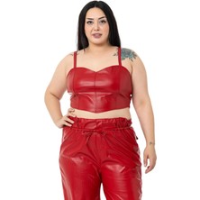 Disentis Modest Büyük Beden Ayarlanabilir Ince Askılı Crop Deri Kırmızı Büstiyer