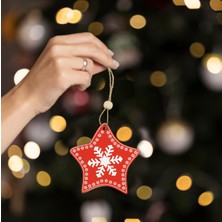 Kidspartim Yılbaşı Ahşap Çam Ağacı Süsü Yıldız Kırmızı Modeli 3 Lü