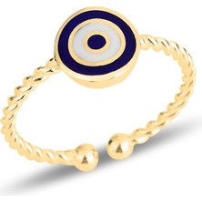 Söğütlü Silver Gümüş Altın Yaldızlı Lacivert Mineli Nazar Ayarlamalı Çocuk Yüzüğü SGTL11828GOLD