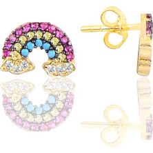 Söğütlü Silver Gümüş Altın Yaldızlı Renkli Taşlı Gökkuşağı Küpe SGTL10579GOLD