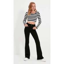 Makras Exclusive Kadın Yüksek Bel Siyah İspanyol Paça Jeans Likralı Esnek Kot Pantolon
