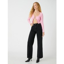 Makras Exclusive Siyah Likralı Yüksek Bel Wide Leg Salaş Geniş Paça Kot Pantolon 1