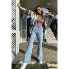 Makras Exclusive Twin Kar Yıkama Mavi Likralı Süper Yüksek Bel Salaş Jeans Palazzo Pantolon (Wide Leg)
