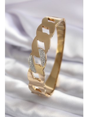 Clariss 316L Çelik Gold Renk Zincir Model Zirkon Taş Detay Kadın Kelepçe