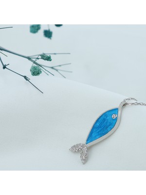 Neva Jewelry 925 Ayar Fantastik Koyu Mavi Balık Modelli Gümüş Kolye