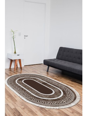Dekoreko Dijital Salon Halısı Yıldız Deri Kaymaz Taban Saçaklı Oval Modern Carmel Kahve