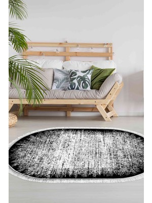 Dekoreko Dijital Salon Halısı Trend Keçe Kaymaz Taban Saçaklı Oval Modern Evelina  Siyah