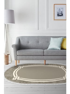 Dekoreko Dijital Salon Halısı Star Pamuk Kaymaz Taban Saçaklı Oval Modern Landon Camel