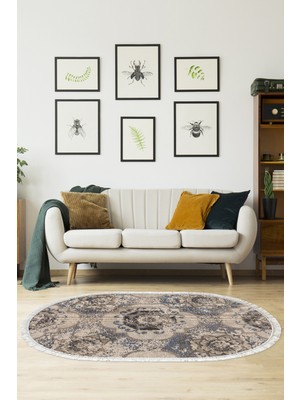 Dekoreko Dijital Salon Halısı Trend Keçe Kaymaz Taban Saçaklı Oval Modern Brenna Krem