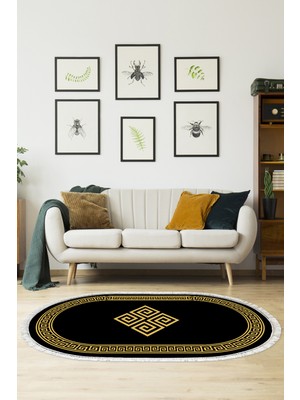 Dekoreko Dijital Salon Halısı Yıldız Deri Kaymaz Taban Saçaklı Oval Modern Kathryn  Gold