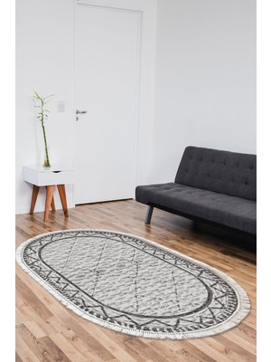 Dekoreko Dijital Salon Halısı Trend Keçe Kaymaz Taban Saçaklı Oval Iskandinav Farah Gri