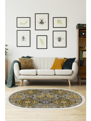 Dekoreko Dijital Salon Halısı Trend Keçe Kaymaz Taban Saçaklı Oval Modern Osana Sarı