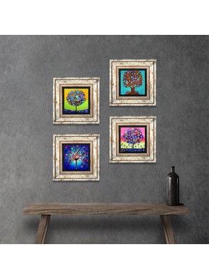 Pinecone Stone Hayat Ağacı Çerçeveli Taş Duvar Tablosu 4’lü Set - Dekoratif Modern Sanat, Ev ve Ofis Dekoru |TK4-06|