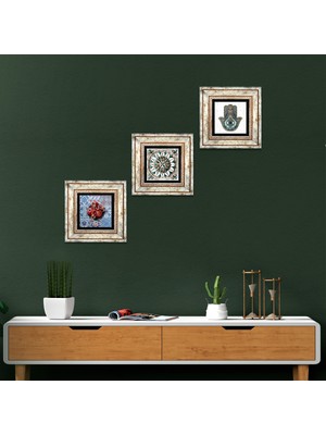 Pinecone Stone Çini Sanatı, Nar, Fatma Ana Eli (Hamsa) Çerçeveli Taş Duvar Tablosu 3’lü Set - Dekoratif Modern Sanat, Ev ve Ofis Dekoru |TK3-11|