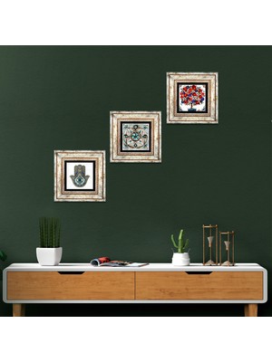 Pinecone Stone Çini Sanatı, Nar Ağacı, Fatma Ana Eli (Hamsa) Çerçeveli Taş Duvar Tablosu 3’lü Set - Dekoratif Modern Sanat, Ev ve Ofis Dekoru |TK3-09|