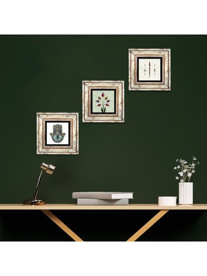 Pinecone Stone Lale Ebru Sanatı, Elif, Fatma Ana Eli (Hamsa) Çerçeveli Taş Duvar Tablosu 3’lü Set - Dekoratif Modern Sanat, Ev ve Ofis Dekoru |TK3-32|