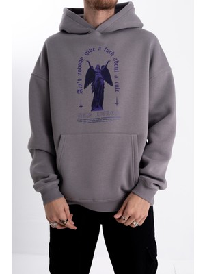 Pull The Hood Unisex Oversize Mor Melek Baskı Kapşonlu Sweatshirt