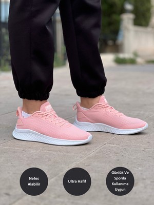 Peak Running EW02428H Kadın Pembe Beyaz Kaymaz Taban Ortopedik Nefes Alabilen Garantili Rahat Hafif Günlük Sneaker Yürüyüş Koşu Spor Ayakkabısı