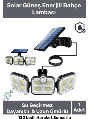 Pastimore Premium Kumandalı Solar Güneş Enerjili 122 Ledli Hareket Sensörlü Bahçe Aydınlatma Sokak Lambası