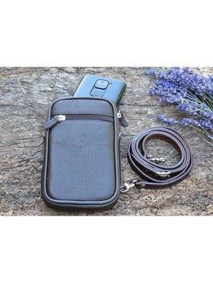 Erkek Kemer ve Omuz Askılı Telefon Çantası Hakiki Dana Derisinden Kahverengi Renk